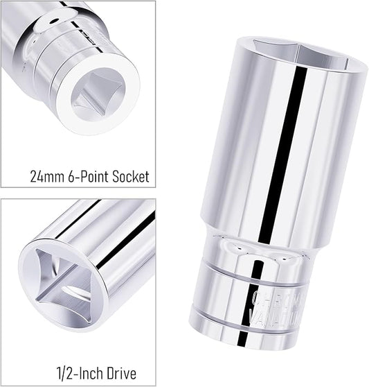 24mm(15/16-Inch) Deep Socket, 1/2 Inch Drive, 6-Point, Metric, Heat Treated CR-V Steel Sockets, Full Polishing, 3.1 Inch Length