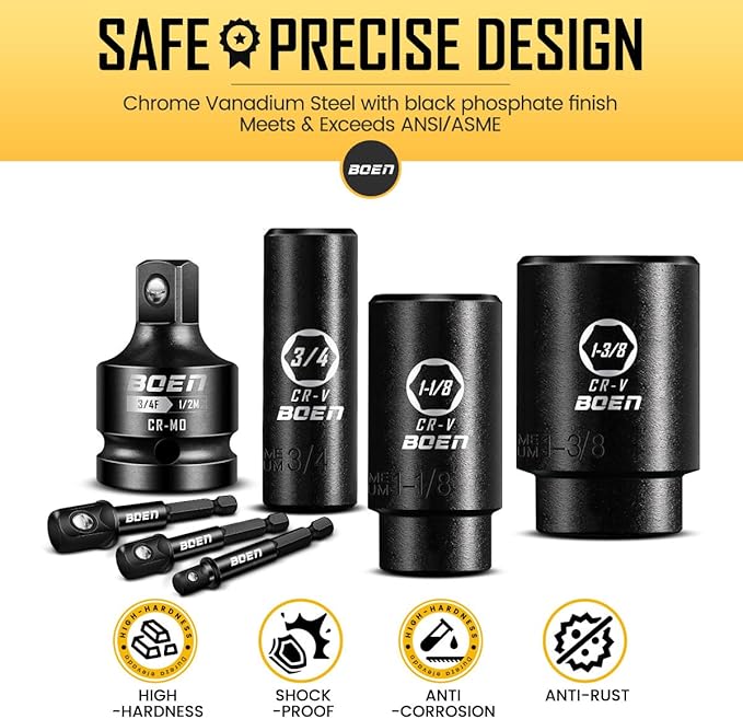 boen 1/2??Drive SAE Impact Socket Set, 3/8" to 1-1/2" Deep Socket, 6-Point Hex Socket with Portable Case, Rugged Construction, CR-V Steel, 24PCS