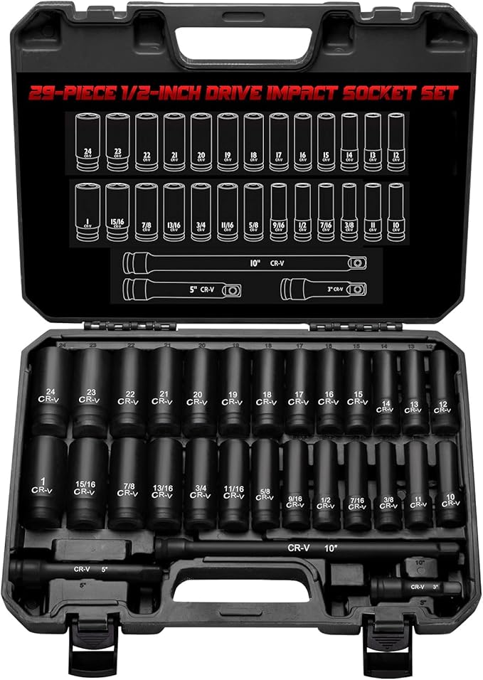 1/2" Drive Impact Socket Set 29-Piece, Cr-V-M Steel Deep Socket SAE(3/8" - 1") & Metric(10-24mm) Sizes, with Extension Bar, with Storage Case
