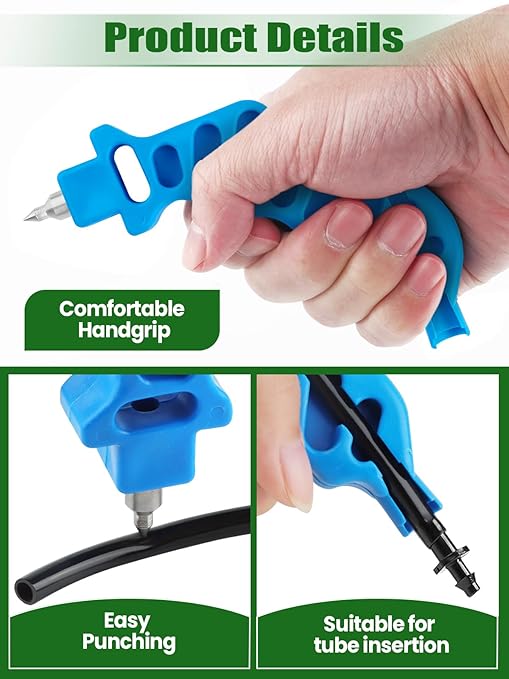Kalolary Drip Irrigation Tubing Hole Punch Kit, 2-in-One Drip Irrigation Hole Punch Fitting Insertion Tool & 1/4 Inch Irrigation Hose Cutter with 16pcs Barbed Connectors & 16pcs Drip Irrigation Plugs