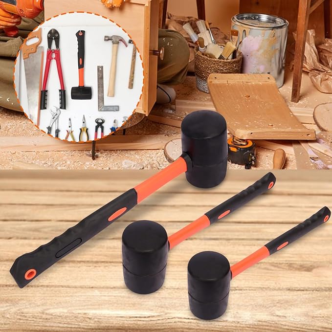 3 PCS 27 16 12 OZ Rubber Mallet Set, Black-Yellow Fiberglass Handle, Perfect for Wood, Metal, Plastic, Glass, and Ceramics