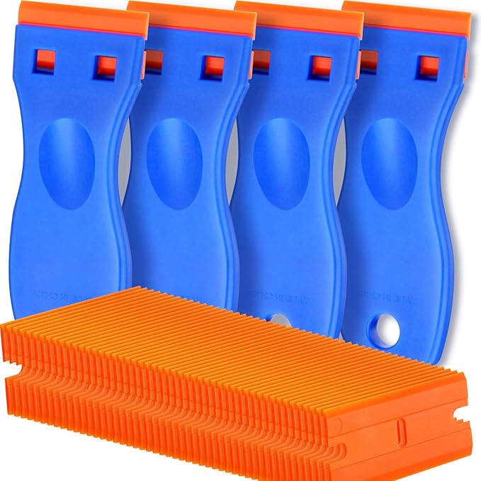 4 Pcs Plastic Razor Blade Scraper and 100 Pcs Blades, Remove Label Decal Tool竊?Forwithout Scratches Plastic Razor Blade Scraper, Adhesive Remover for Stickers, Gaskets and Paints on Window Car Glass