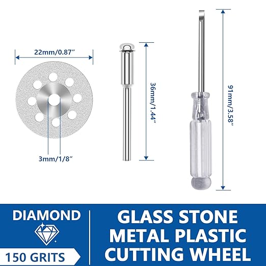 20pcs 545 Diamond Cutting Wheel Cut Off Discs Coated (22mm) for Dremel Rotary Tool with 402 Mandrel (3mm) 4pcs and Screwdriver for Cutting Glass, Stone, Ceramic, Marble, Tile, Plastic