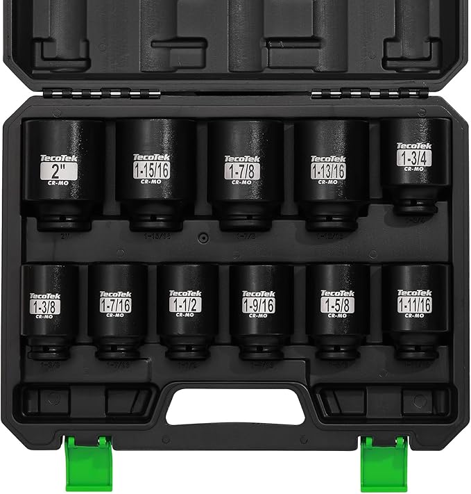 1/2" Drive Deep 6-Point Impact Socket Set, 11-Piece Standard SAE Spindle Axle Nut Impact Socket Set, Cr-Mo, 1-3/8-Inch to 2-Inch Size