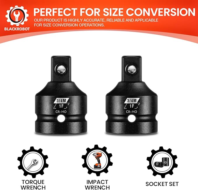 BLACKROBOT 2 Pieces 1??F To 3/4??M Impact Socket Adapter Set, SAE Drive Cr-Mo Steel Exceeds ANSI Standards, Square Drive Socket Reducer for Impact Driver Wrench