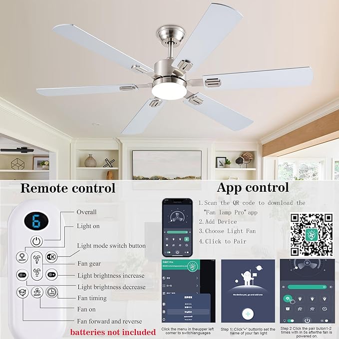 56inch Ceiling Fans with Lights and Remote/App Control, Dimmable LED, Reversible DC Motor, Noiseless, 6 Double-Side blades, 6 Speeds Low Profile Ceiling Fan for Indoor/Outdoor Use（ Nickel）