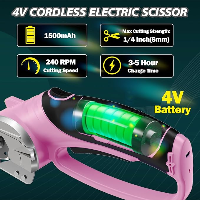 Cordless Electric Scissors, 4V Rechargeable Box Cutter & Cardboard Cutter with LED Light, Safety Lock - Rotary Cutter for Fabric, Leather, Carpet, Plastic, Crafting, Sewing with Storage Box (Pink)