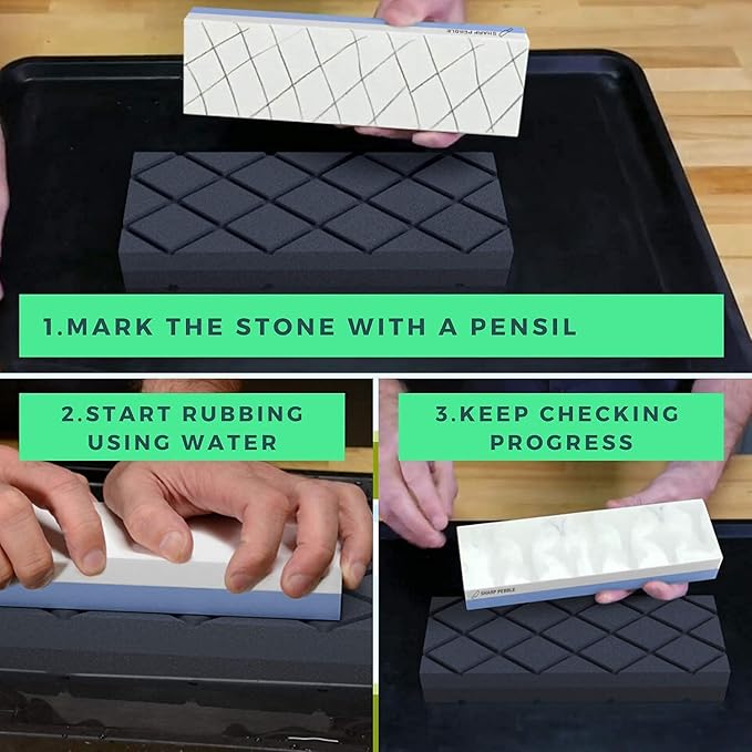 Sharp Pebble Two Side 1000/6000 Grit Knife Sharpening Stone and Large Dual Grit Flattening Stone with NonSlip Bamboo Base & Angle Guide