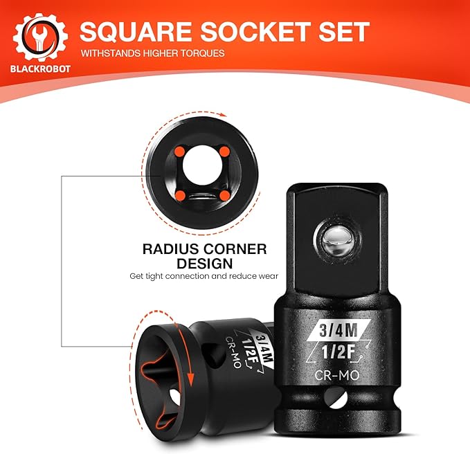 BLACKROBOT 1/2?쒯 To 3/4?쒶 Impact Socket Adapter, Cr-Mo Steel Exceeds ANSI Standards, Square Drive Reducer for Impact Driver Wrench