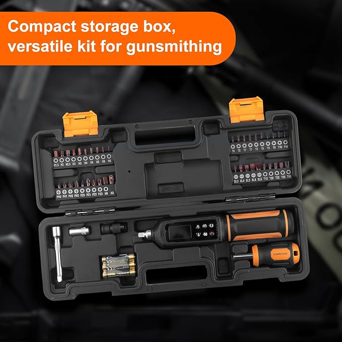 Digital Torque Screwdriver 0.09-6Nm, Torque Screwdriver Set with 1/4" Elastic Bit Holder, Exension Rod, Flat, Hex, Torx and Philips Bits, Suitable for Gunsmithing, DIY, Bicycle Maintenance