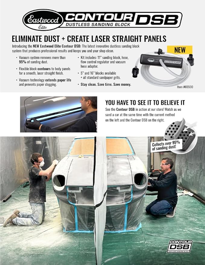 Eastwood Elite Contour DSB Dustless Auto Body Sanding Block Base Kit | DIY Automotive Sanding Blocks and Contour Hand Sander for Drywall & Autobody Works | 11" Sander, Flow Regulator, Hose & Adapter