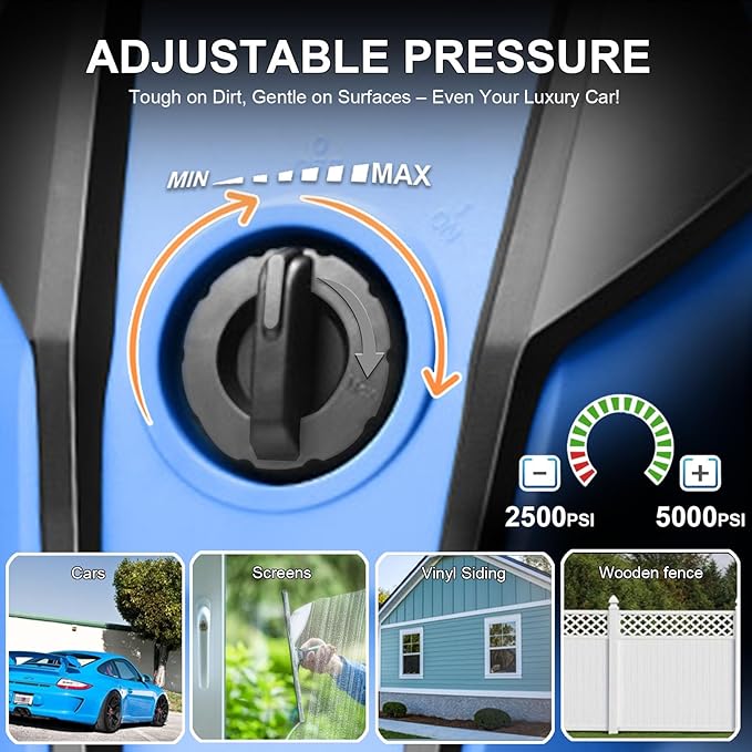 5000 PSI Adjustable Electric Pressure Washer, 2025 New Power Washer Pressure Adjustable (2500PSI-5000PSI) with 33ft Pressure Hose, 4 Nozzle and Detergent Tank for Cars, Upgraded Blue