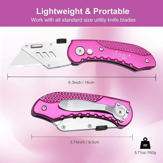 Vickay Folding Utility Knife, Box Cutter with 5 SK5 Quick Change Blades, Safety Axis Lock Design Razor Knife, Lightweight Aluminum Handle Belt Clip for Office Home Artcraft (Hot Pink)