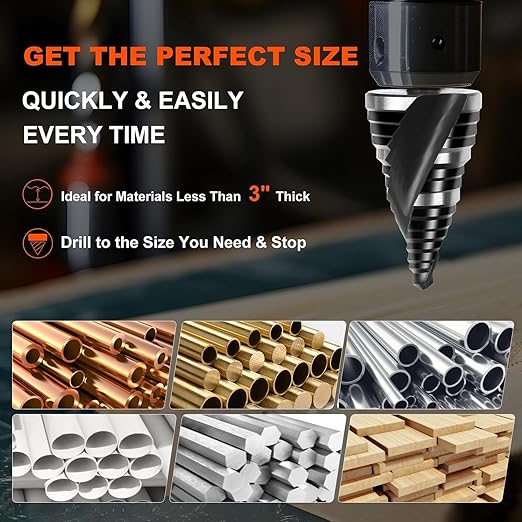 COMOWARE Step Drill Bit, 12 Sizes from 1/4" to 1-3/8", High Speed Steel Step Bit with 2 Spiral Flutes, 3-Flat Shank, Steps Bits for Metal, Aluminum/Wood/Plastic/Iron, Unibit for Electricians & DIY