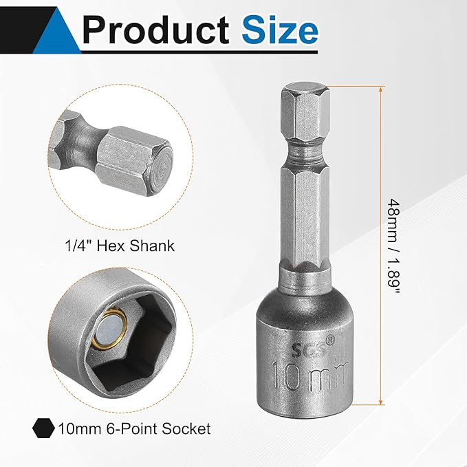 HARFINGTON 5pcs Nut Driver Drill Bit 10mm Metric Socket 1/4" Hex Shank 1.89" (48mm) Long Magnetic 6-Point Sockets Quick Change CR-V Steel Bolt Setters for Power Drill Drivers