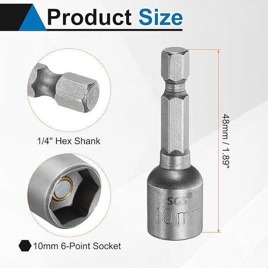 HARFINGTON 5pcs Nut Driver Drill Bit 10mm Metric Socket 1/4" Hex Shank 1.89" (48mm) Long Magnetic 6-Point Sockets Quick Change CR-V Steel Bolt Setters for Power Drill Drivers