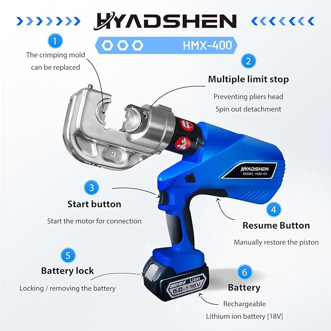 Electric Hydraulic Cable Lug Crimper Pliers Rechargeable Crimping Tool 12 Ton Electrical Terminal Cable Wire Fiber Crimper Kit with 12 Dies (HMX-400)