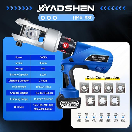 Electric Hydraulic Cable Lug Crimper Pliers Rechargeable Crimping Tool 20 Ton Electrical Terminal Cable Wire Fiber Crimper Kit with 7 Dies (HMX-630)