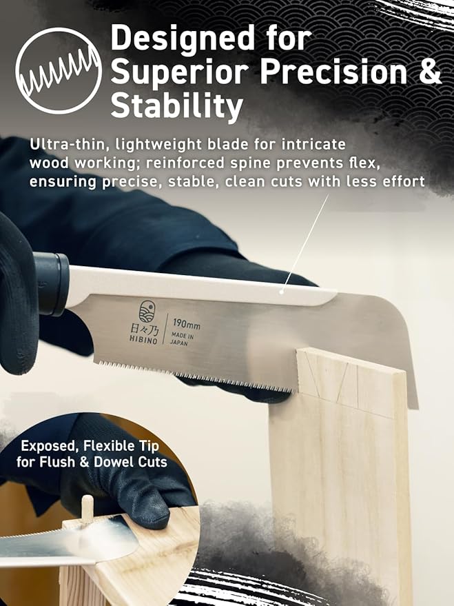 HIBINO Japanese Pull Saw 7.5” Kataba Hand Saw | Fine Crosscut Teeth | Lightweight, Single-Edge Blade for Precision Woodworking, Joinery & Detail Projects | Replaceable Blade | Made in Japan