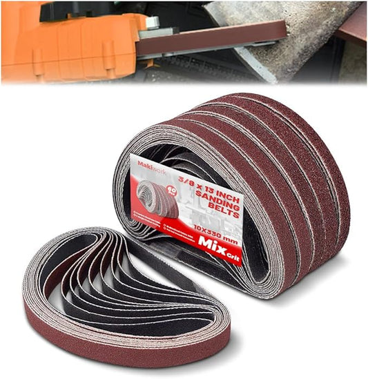 3/8 x 13 Inch 10 x 330 mm Sanding Belts Set - 60-Pack with 40/60/80/120/150/240 Grits, Aluminum Oxide Abrasive Belts for Woodworking