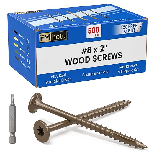 #8 x 2” Deck Screws, 500Pcs Star Drive Wood Screws, Rust Resistant Timber Screws for Timber/Log/Landscaping Wood, T20 Star Bit Included, Brown