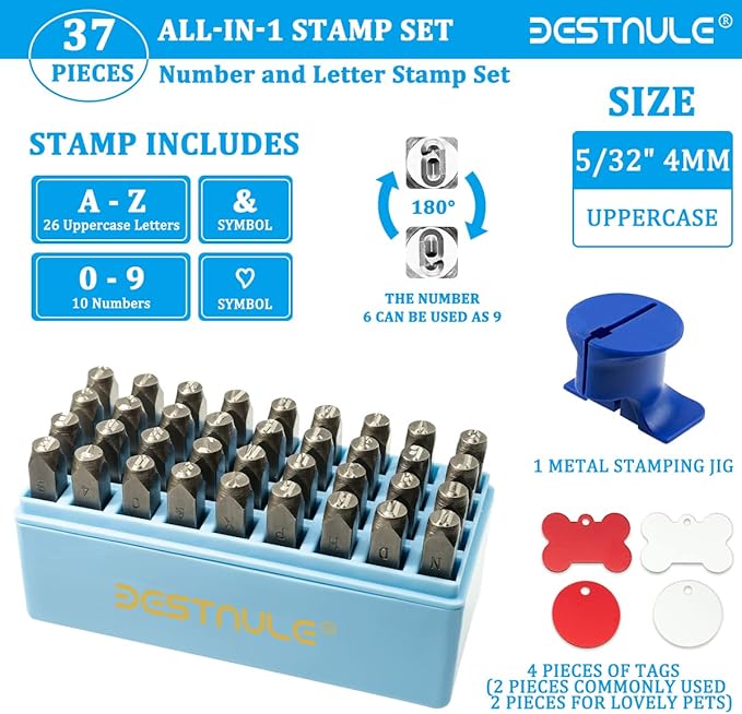 BESTNULE Metal Stamping Kit, Number and Letter Stamp Set (A-Z, 0-9 and &, Love Symbol), Industrial Grade Hardened Carbon Steel, Perfect for Metal, Wood, Plastic, Leather (5/32", 4MM)