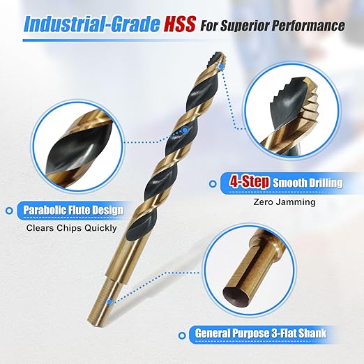 HIGHFIRE 29 Piece HSS Stepped Point Drill Bit Set 1/16"-1/2", Gold and Black 3-Flat Shank for Metal, Steel & Acrylic - No Pilot Hole Needed - Industrial, MRO & DIY Use
