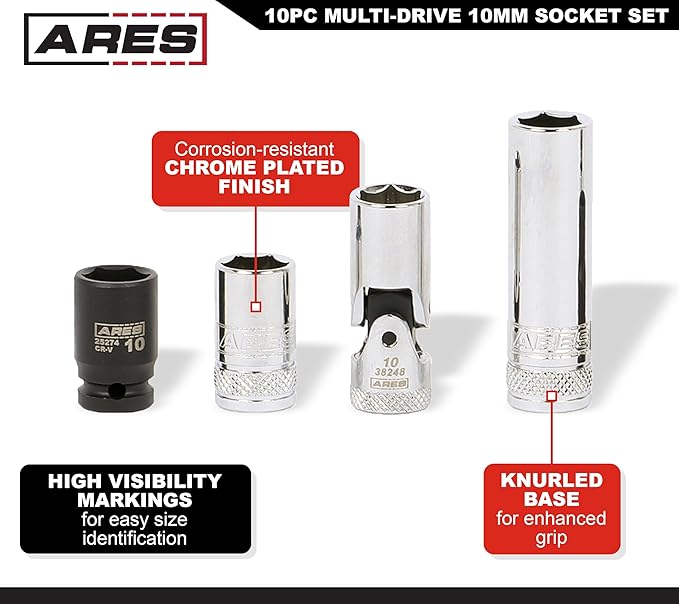 ARES 39017 ??10-Piece Multi-Drive 10mm Socket Set with Aluminum Rail ??Premium Chrome Vanadium Socket Set Includes Shallow and Deep Metric Sockets on Aluminum Rail ??High Visibility Size Markings