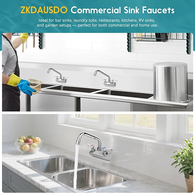 Leak-Free Commercial Sink Faucet 10" Swivel Spout, Wall Mount Kitchen Hand Sink Faucet with 4 Inch Center, 1/2" NPT Male Inlet, Brass Constructed & Chrome Polished, Dual Lever Handles