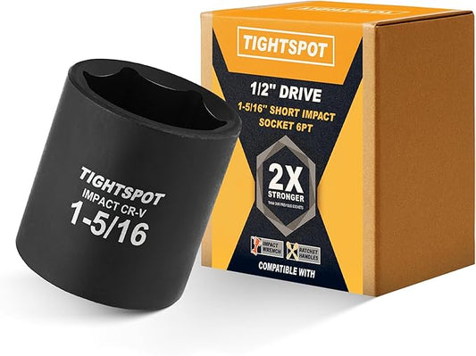 TIGHTSPOT 1/2 Inch Drive 1-5/16 Inch Shallow Impact Socket with Anti-Rounding 6 Point Design, Heat-Treated CRV Steel