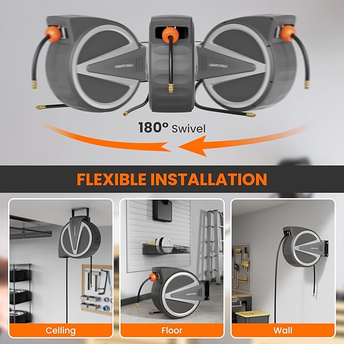 Giraffe Tools Retractable Air Hose Reel, 3/8" x 50 ft, Hybrid Hose, Auto Rewind, Air Compressor Hose Reel with Swivel Bracket, 217 PSI, Any Length Lock, for Garage & Workshop, Dark Silver