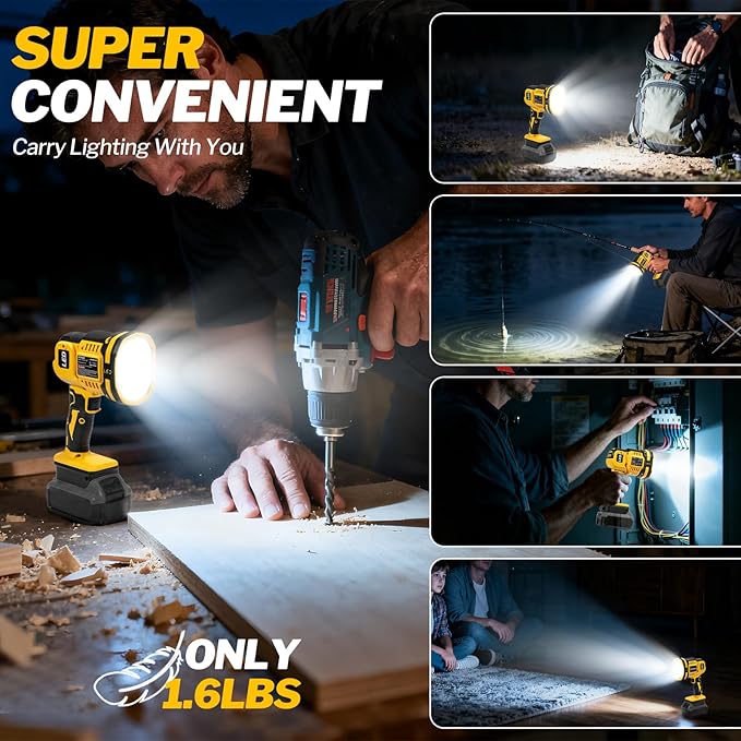 Cordless LED work light compatible with DeWalt 20V MAX Battery, 1500LM Handheld Spotlight with 550 Yard Distance, Flashing mode and Pivoting Head for Workshop, Camping, Jobsites (Battery Not Included)
