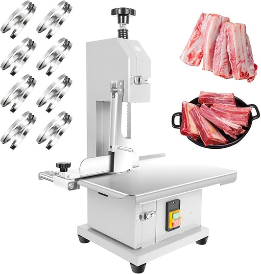1500w Electric Meat Bone Saw, Stainless Steel Tabletop Meat Bandsaw for Butchering, Cutting Thickness 0.8-7.1 Inches, Commercial Frozen Meat Cutting Machine with 6 Blades, Workbeach 19.3 "x 15.35"