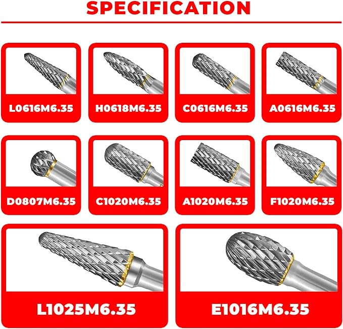 Tungsten Carbide Burr Set 1/4" Shank 10PC Double Cut Rotary Cutting Burrs Die Grinder Bits for Steel and Wood Working, Grinding, Carving, and Engraving