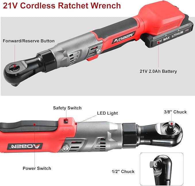 AOBEN 21V 3/8" Cordless Ratchet Wrench Kit-74 Ft-lbs Brushless Electric Power Ratchet with Variable Speed, 2X2000mAh Lithium-Ion Battery, Charger, 8 Sockets, 1/4" & 1/2" Adaptors, 3" Extension Bar