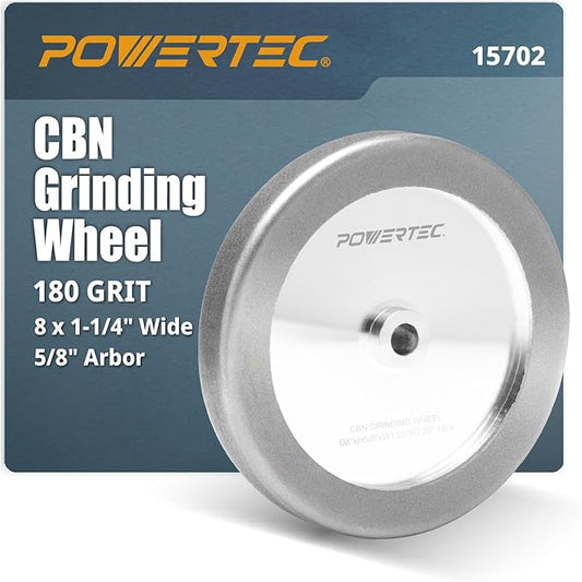 POWERTEC CBN Grinding Wheel 8 Inch 180 Grit, 1-1/4" Wide, 5/8" Arbor ??4-in-1 CBN Sharpening Wheel with 1/4" Radius Edge and Side Face for Bench Grinder (15702)