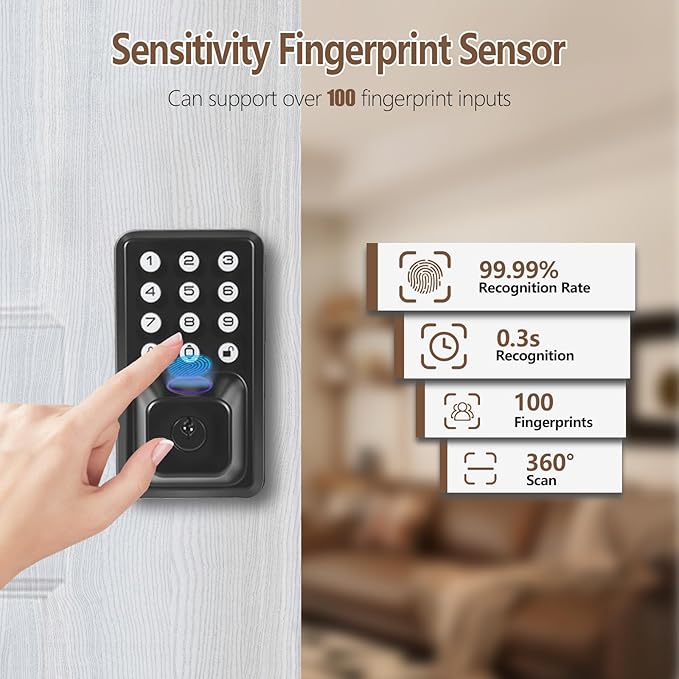 Smart Fingerprint Door Lock with Keypad, Keyless Entry Door Lock Deadbolt with Remote App Control, Voice Prompt, Auto Lock, 500+ User Capacity, IP55 Waterproof, Easy Installation, Type-C Port Charging