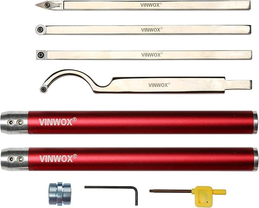 9 PCS Carbide Wood Lathe Turning Tool Set, Pen Turning tools, Including Swan Neck Hollower, Rougher, Finisher, Detailer, Aluminum Handles from 14" to 29", Fine Polished Stainless Steel Shank