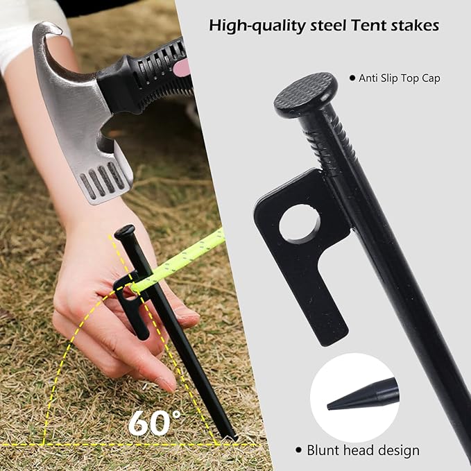 8 Pcs Tent Stakes and Camping Hammer – Heavy Duty Metal Lightweight Backpacking Tent Spikes with Small Hammer Kit for Women - Camp Mallet with Puller and Tent Pegs Bag for Tarp Canopy, Pink