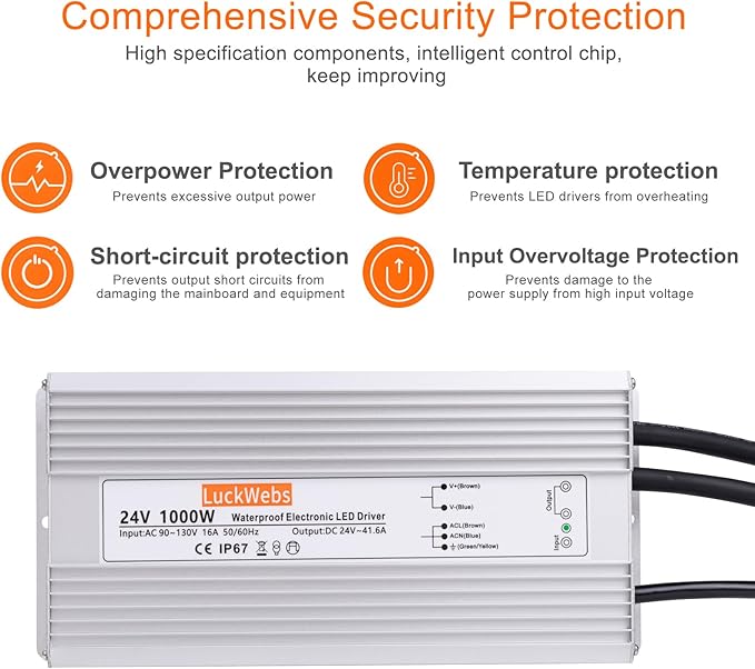 LED Driver 24V1000W Waterproof Power Supply AC90-130V to DC24V41.6A Switching Power Supply IP67 Converter Suitable for Outdoor LED Lighting and Any 24V DC Equipment