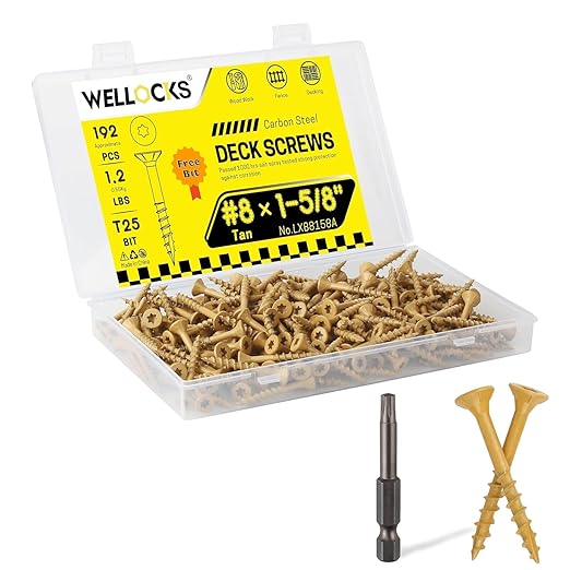 WELLOCKS Deck Screws, Wood Screws, Tan, Superior Rust Resistant, Epoxy Coated, Above 1000 Hour Salt Spray Coating T25 Torx Star Bit Included for Outdoor Wood Fence (1.2LBS Tan, #8횞1-5/8")
