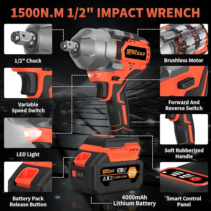 1500N.m Impact Wrench,1/2" High Torque 1107ft-lbs Brushless Impact Gun with 2 x 4.0Ah Battery,21V Power Impact Driver with 5 Sockets,LED Light,Electric Impact Truck RV Car Heavy Construction