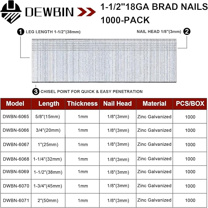 18 Gauge Brad Nails, 1000 Counts 1-1/2-inch 18 GA Brad Nails, Galvanized Nails for Nail Gun, Finishing Nail Gun Nails for Pneumatic, Electric Brad Nailer Gun