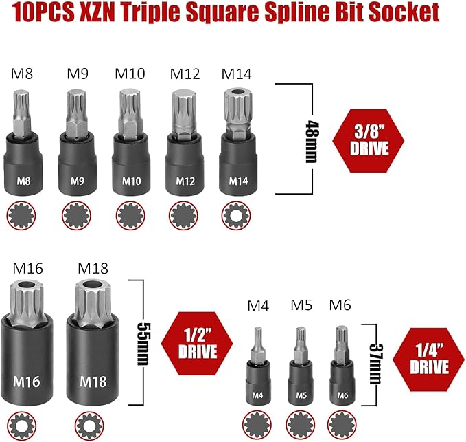 10-Piece XZN Triple Square Spline Bit Socket Set, 1/4?? 3/8??and 1/2??Drive M4 - M18 Triple Square Socket Set, S2 Steel Bits and CR-V Sockets With Storage Case