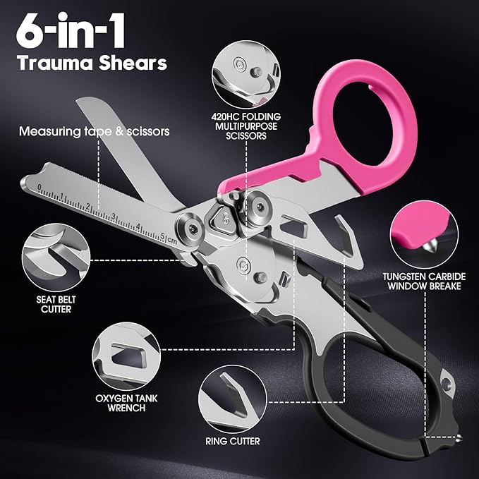 6 in 1 Multifunctional Combination Tool, Folding Retractable Emergency Shears, Outdoor Camping Tools, Seat Belt Cutter, Oxygen Cylinder Wrench, Complimentary Adjustable Wrench (Black Pink)