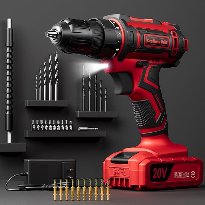 Cordless Drill Set, VIWKO 20V Power Drill with Power Pack 2.0Ah and Charger, 3/8-Inch Keyless Chuck Electricdrill, 25+1 Torque, 42pcs Drilldriver Bits/Screws for DIY Projects (Red)