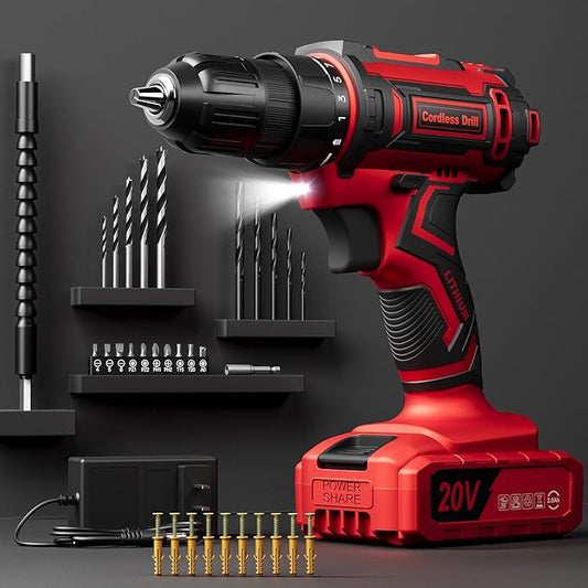 Cordless Drill Set, VIWKO 20V Power Drill with Power Pack 2.0Ah and Charger, 3/8-Inch Keyless Chuck Electricdrill, 25+1 Torque, 42pcs Drilldriver Bits/Screws for DIY Projects (Red)