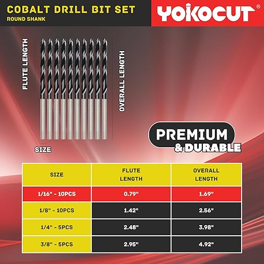 1/16 Inch Cobalt Drill Bit 10PCS | High Speed Steel | Drill Bit for Stainless Steel and Hardened Metal | HSS M35 Titanium Aluminum Nitride Coating