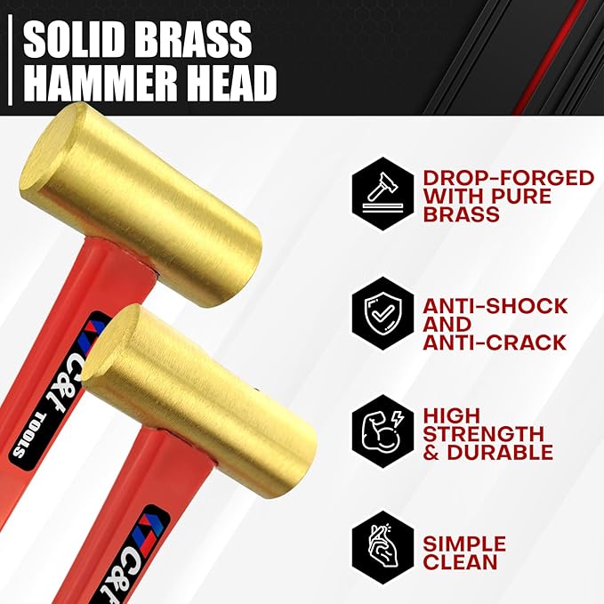 C&T 3-Piece Hammer Set, Jacketed Fiberglass Solid Brass Non-Sparking Hammers, 16, 24, 32oz, Non-Marring