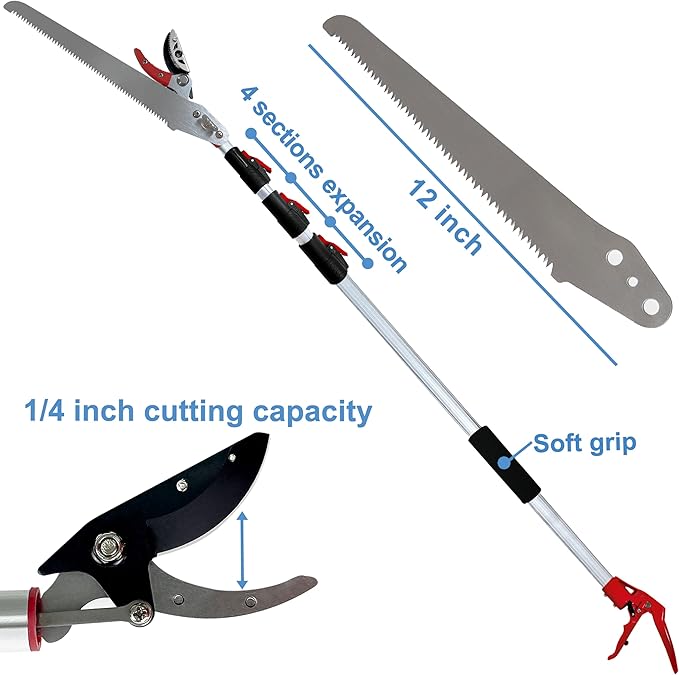 Tree Pruner Extendable 4.5-11.5 FT, Tree Trimmer Telescoping with 4 Section, Long Handle Pruning Shears, Cut and Hold Clippers, Pole Saws Branch Cutter, Loppers, Fruit Picker Tool